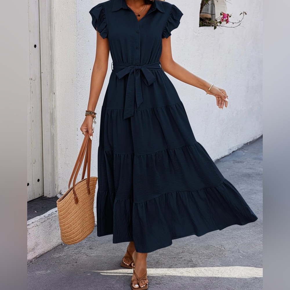 dowerme Cap Ruffle Sleeve V Neck Button Belted Tiered Maxi Dress- XXL- Navy Blue